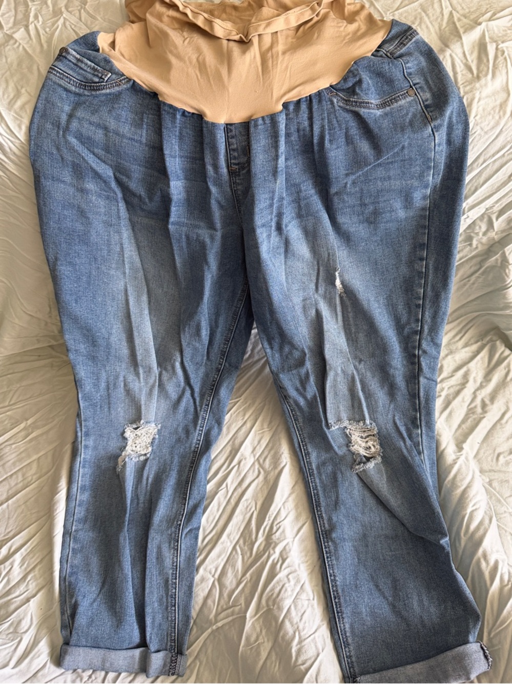 Plus Size Maternity Jeans - Light Blue Boyfriend w/ Beige Panel